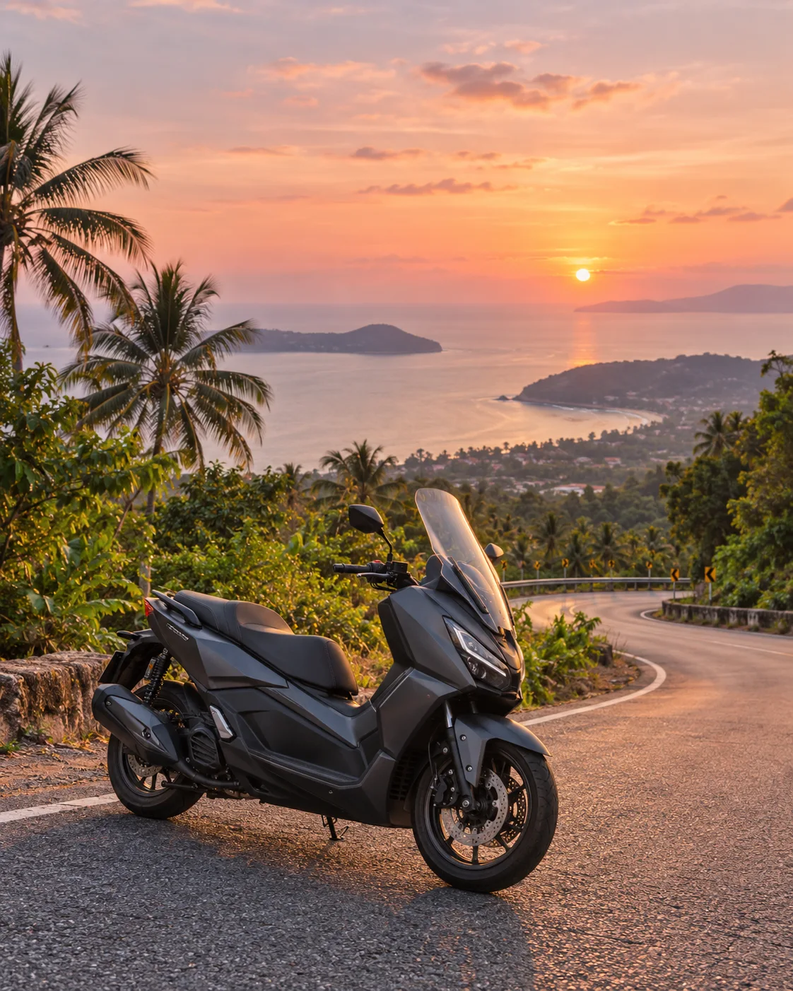 Charcoal maxi scooter on a winding hill road above the sea at sunset; original AI-generated illustration, not a real fleet