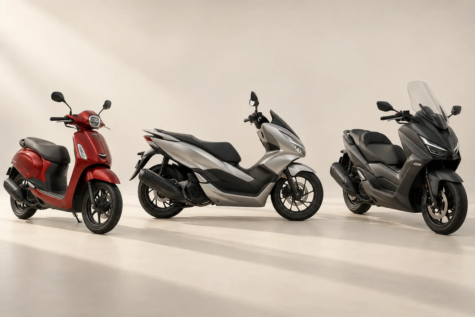 Three original AI-generated scooter designs: red compact, silver mid-size and charcoal maxi scooter; not a real fleet