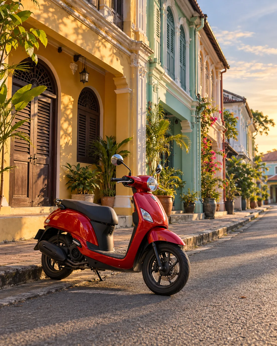 Red step-through scooter parked in an old-town street at golden hour; original AI-generated illustration, not a real fleet