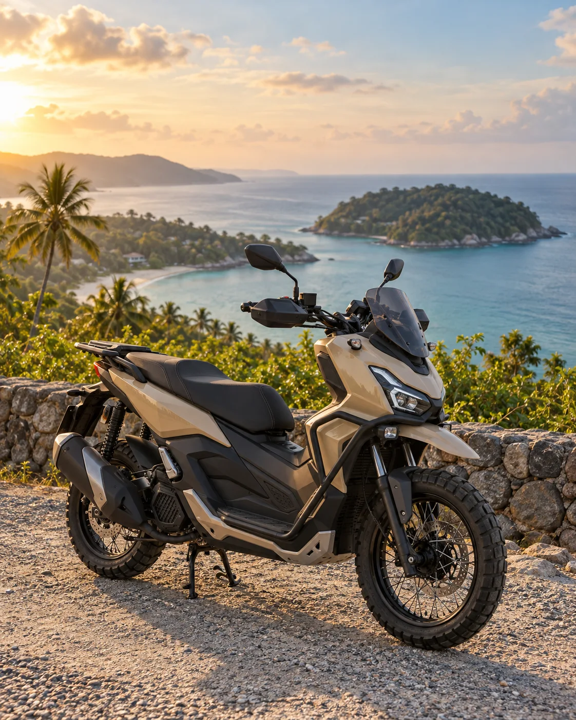 Sand-coloured adventure-style scooter parked above a turquoise bay with a small island; original AI-generated illustration, not a real fleet